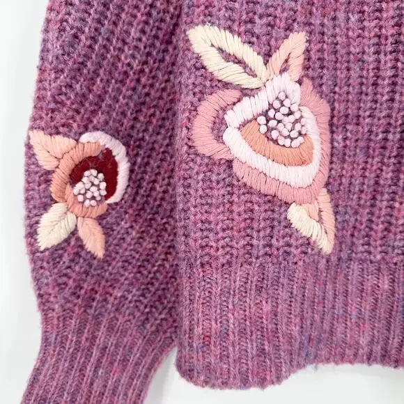 LoveShackFancy Ridge Sweater Floral Embroidered Balloon Sleeve Chunky Knit Berry - Picture 10 of 16